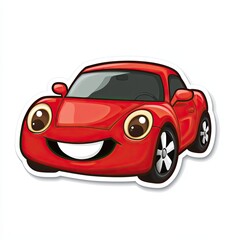 A cute sticker of a tiny red sports car with a smile on the headlights on a white background