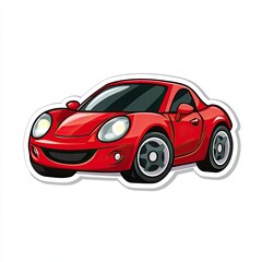 A cute sticker of a tiny red sports car with a smile on the headlights on a white background