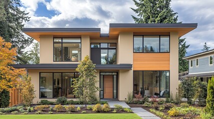 Modern house exterior, autumn landscaping, suburban neighborhood. Ideal for real estate listings