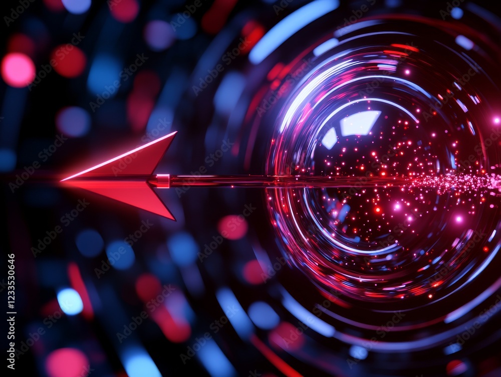 Poster a vibrant digital arrow moving through an abstract space of circles and lights, symbolizing innovati