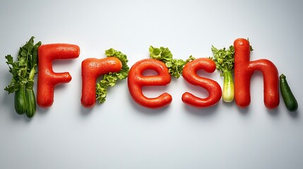 Fresh text made of tomatoes with greens on white surface