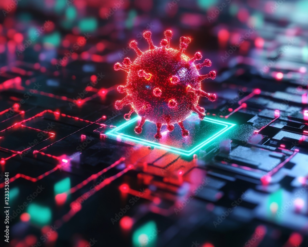 Poster a vibrant digital representation of a virus interconnected with technology, emphasizing the relation