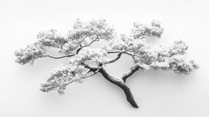 Snowy bonsai tree branch, winter scene, minimalist backdrop, zen garden design