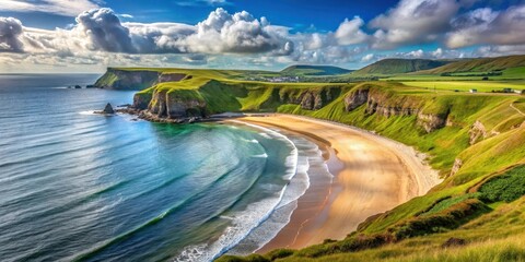 Rolling hills with rugged coastline and sandy beaches in Northern Ireland's Antrim Coast, beaches