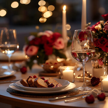 Elegant dining setup with candlelight, flowers, and delicious food for a romantic evening.
