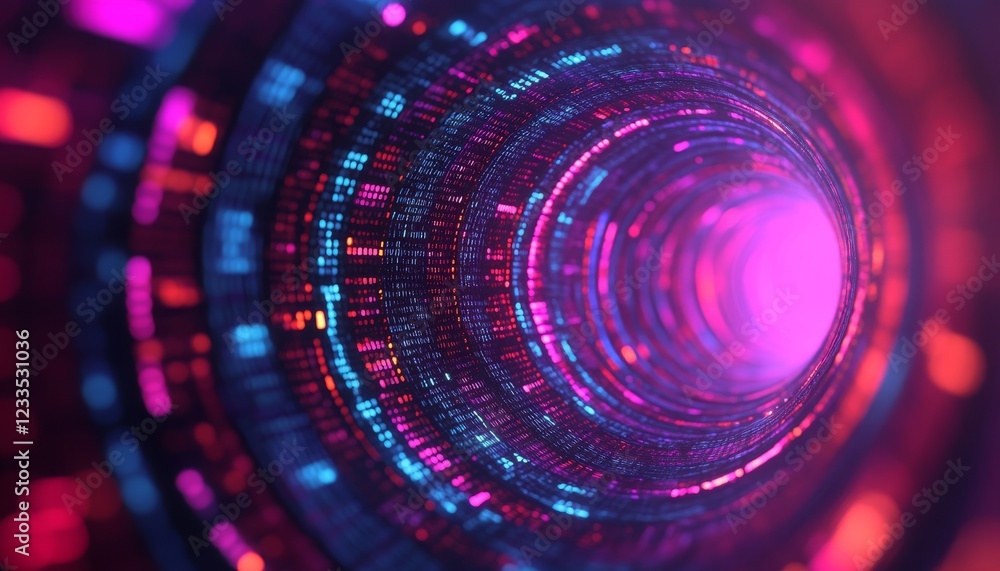 Poster a vibrant digital tunnel showcasing a fusion of blue and pink colors representing data flow in a fut