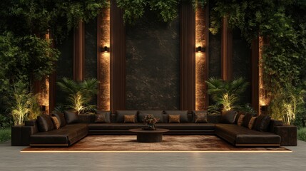 Fototapeta premium Luxurious Outdoor Lounge Sectional Sofa in Dark Garden Setting