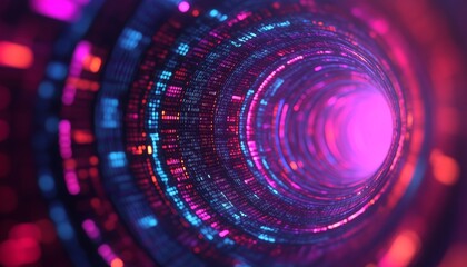 Obraz premium A vibrant digital tunnel showcasing a fusion of blue and pink colors representing data flow in a futuristic setting.