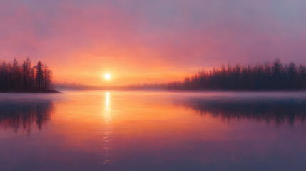 Fototapeta premium serene sunset over calm lake, reflecting vibrant pastel colors
