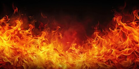 Obraz premium Fiery flames engulfing a dark background with vibrant orange and red hues, surrounded by intense heat radiating outward, blaze in darkness, fire visuals