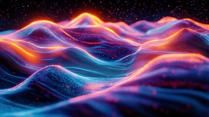 Fototapeta premium Glowing neon wavescape, digital art, cosmic background, abstract design