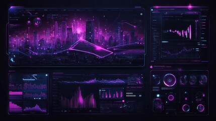 Obraz premium Futuristic city data analysis display, graphs, nighttime