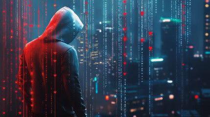 Hacker are planning to hack and attack networks and cyber security systems..Smart Innovation city with connection cyber security network reciprocity over the cityscape . future wireless digital city 	