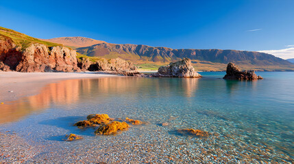 Fototapeta premium Scenic Irish beach, calm waters, mountain backdrop, sunrise