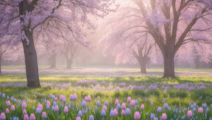 Obraz premium serene spring landscape featuring blooming flowers in pastel colors, with soft sunlight filtering through trees, creating tranquil atmosphere