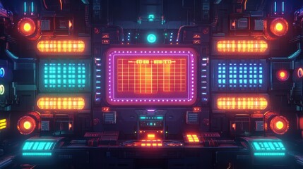 Fototapeta premium Neon spaceship control panel, futuristic interface, digital display, vibrant lights, game background