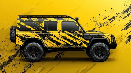 Yellow SUV, graphic wrap, studio shot, grunge background, advertising