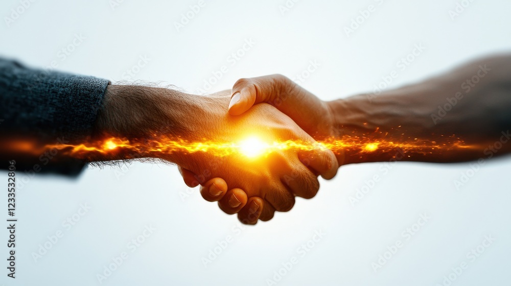 Poster dynamic partnership illustration of a handshake symbolizing collaboration and unity with energy burs