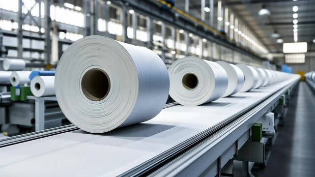 Rows of large white industrial textile rolls on a conveyor belt in a modern factory setting	