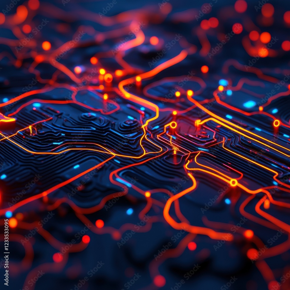 Poster abstract close-up of a circuit board with illuminated paths, showcasing technological advancement an