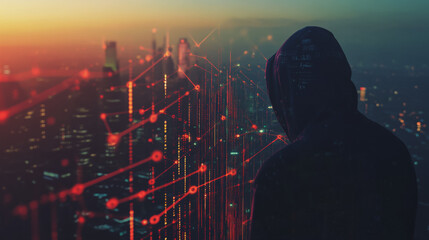 Fototapeta premium Hacker are planning to hack and attack networks and cyber security systems..Smart Innovation city with connection cyber security network reciprocity over the cityscape . future wireless digital city 