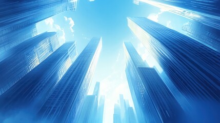 Obraz premium Low-angle city skyscrapers, sunny day, blue sky, urban growth, presentation background