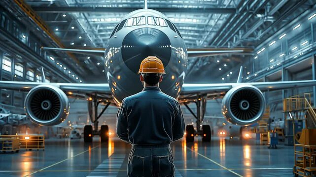 Back view of aircraft engineer in uniform standing in a large manufacturing facility, looking the production and assembly of an aircraft	