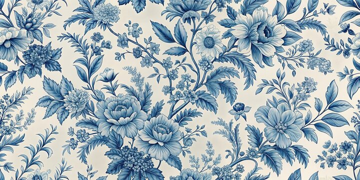 Classic French floral toile de Jouy blue pattern with intricate leaves and vines , design, elegant,  design, elegant, vintage