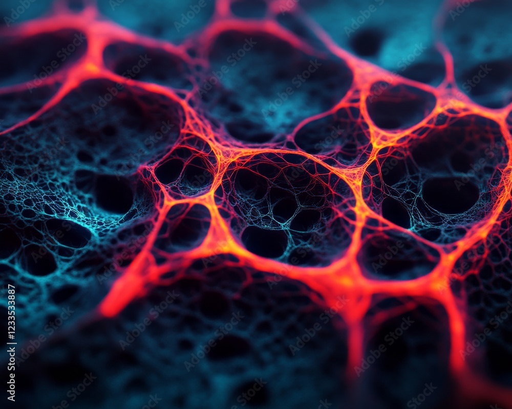 Poster abstract representation of cellular structures, showcasing intricate patterns and vibrant colors, id