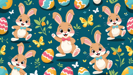 Naklejka premium Playful cartoon style Easter bunnies hopping around with colorful eggs and butterflies in seamless pattern, perfect for springtime designs and festive celebrations