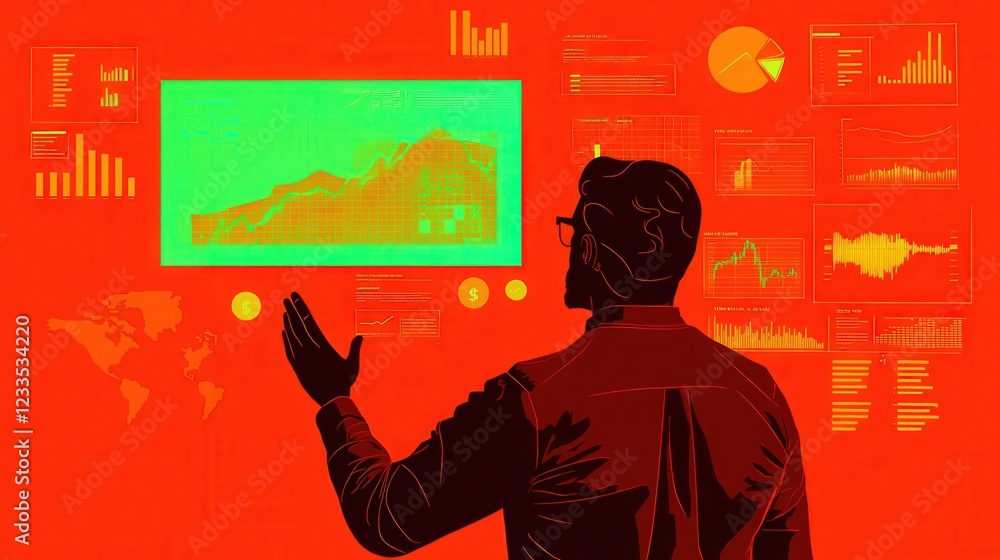 Poster business analytics and data visualization concept with person analyzing statistics on digital screen