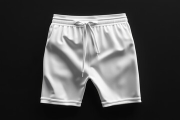 White athletic shorts with drawstring waist on black background.