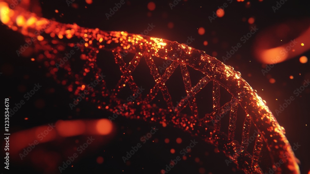 Poster an abstract representation of a dna helix with glowing particles, illustrating the essence of geneti