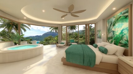 Fototapeta premium Luxurious Tropical Villa Bedroom with Ocean View and Hot Tub
