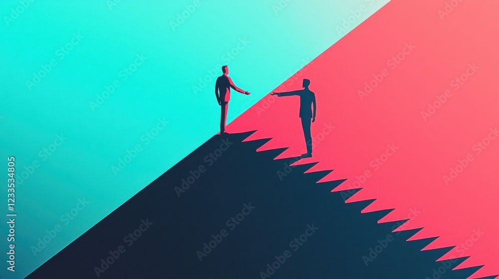 Poster abstract encounter concept with two figures reaching out on contrasting color background in modern a
