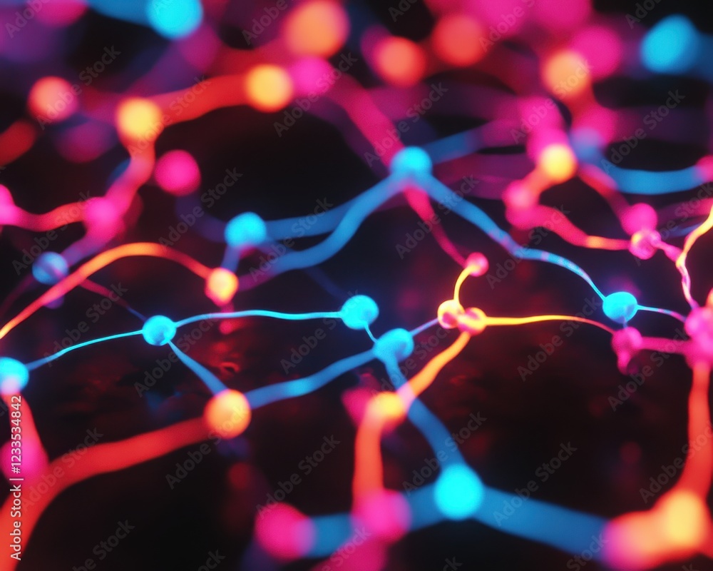 Poster an abstract representation of a vibrant network with colorful nodes, illustrating the connections in