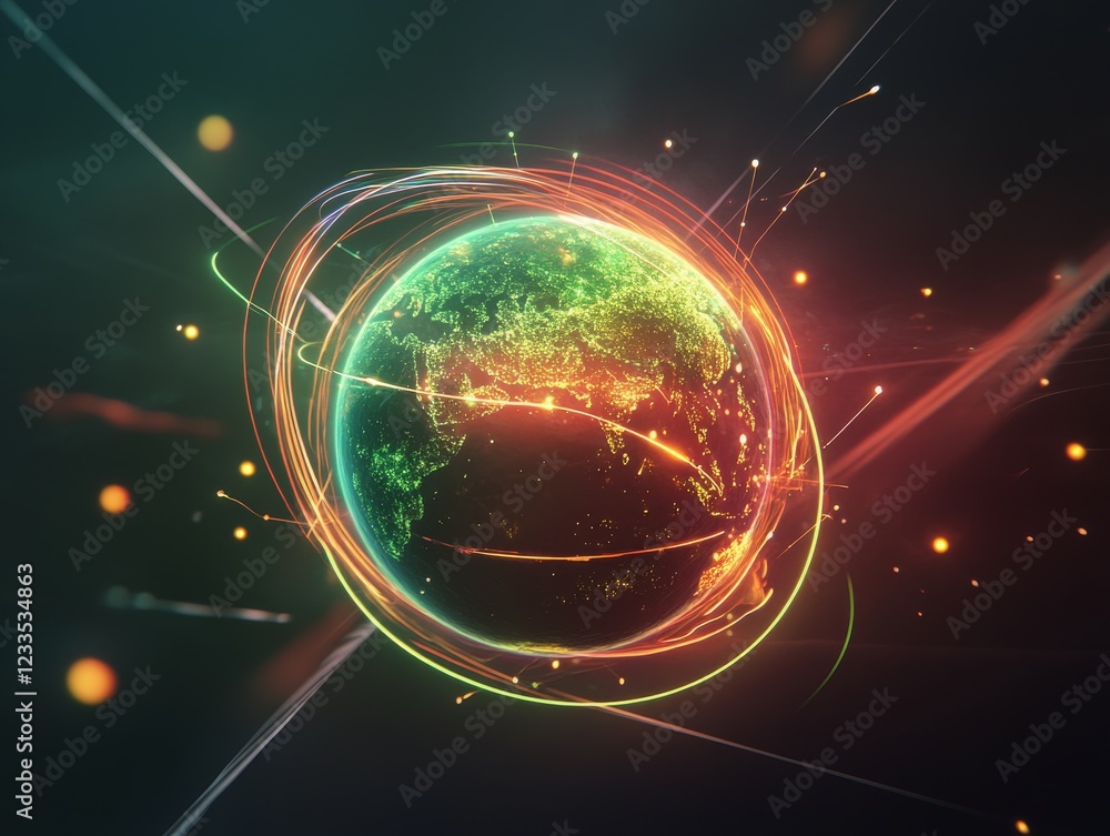 Poster An abstract representation of the Earth, showcasing vibrant colors and dynamic energy lines symbolizing connectivity and innovation.