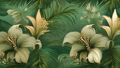 Vibrant Exotic Tropics A Stunning Palm Tree Bordered by Abundant Floral Blossoms and Lush, Colourful Exotic Plants in a Mesmerizing Seamless Landscape, Offering a Glimpse into the Heart of a