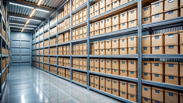 Organized storage unit with rows of labeled boxes on metal shelves, featuring stacked files and folders in a systematic arrangement, shelving, archives
