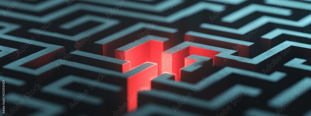 Poster intricate maze structure highlighted by glowing red center, symbolizing challenge and problem solvin