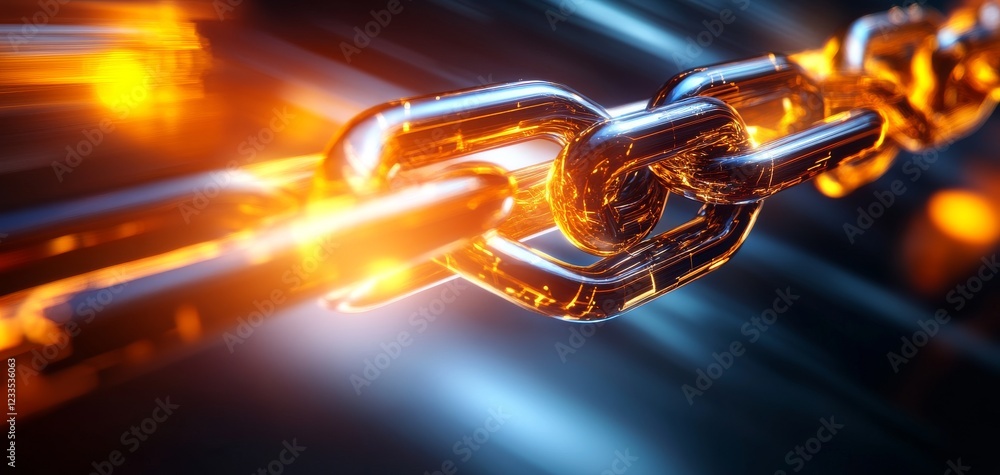 Poster close-up view of a glowing metal chain link, showcasing strength and connection in a dynamic and mod