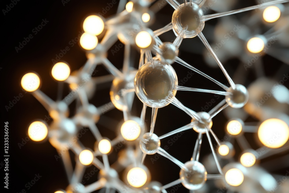 Aufkleber close-up view of a molecular structure made of spherical atoms and connecting bonds, showcasing intr