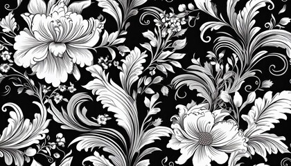 Timeless Vintage Floral Pattern Classic Monochrome Illustration with Elegant Black and White Detailing, Showcasing a Seamless Vector Floral Design from .