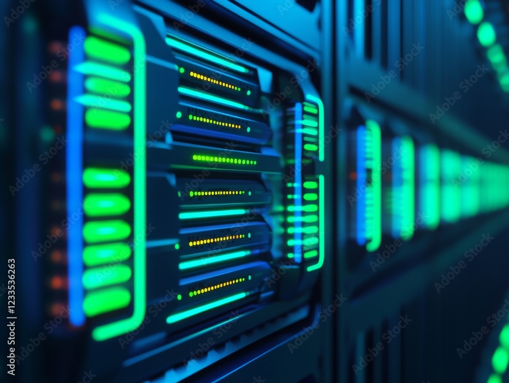Poster close-up view of illuminated server components in a data center, showcasing vibrant colors and sleek