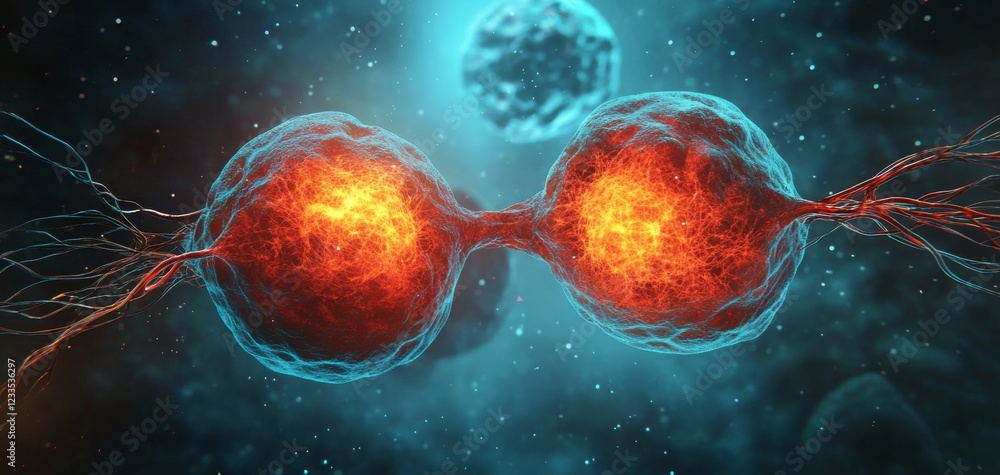 Poster close-up view of glowing cells merging in a dark background, representing cellular division and life