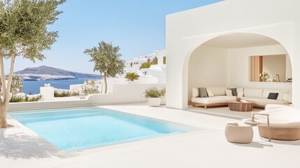Fototapeta premium Luxury Villa Poolside Relaxation Santorini View