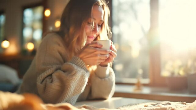 A woman in a cozy sweater enjoys a warm drink by a sunlit window. The scene exudes tranquility and comfort, capturing the essence of a peaceful autumn morning.