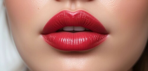Fototapeta premium Close-Up View of Red Glossy Lips with Bold and Vibrant Shine for Beauty and Fashion Concepts