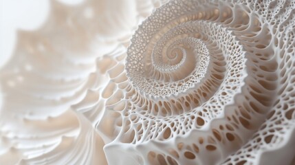 Obraz premium A close-up of a spiral seashell with intricate patterns, placed on a pure white background, highlighting its natural beauty. 