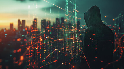 Fototapeta premium Hacker are planning to hack and attack networks and cyber security systems..Smart Innovation city with connection cyber security network reciprocity over the cityscape . future wireless digital city 